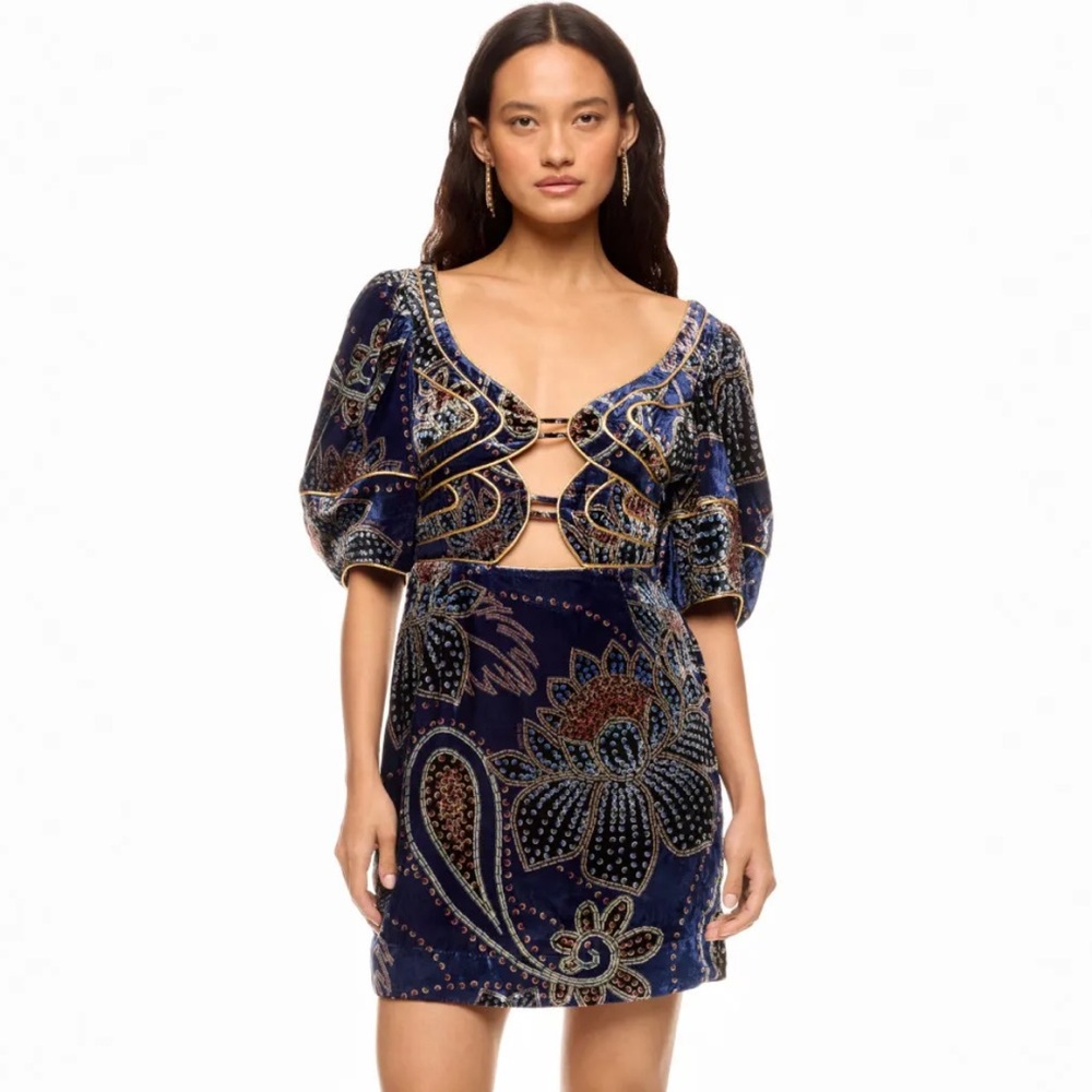 FARM Rio Navy and Gold Embroidered Dress